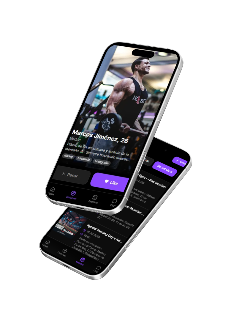 Vista previa de la app NUDO: un perfil en Discover y la lista de eventos